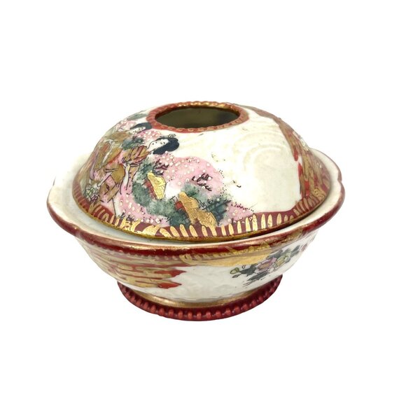 Antique Hand Painted Japanese Kutani Covered Rice Bowl With Lid Intricate Geisha - Picture 7 of 11